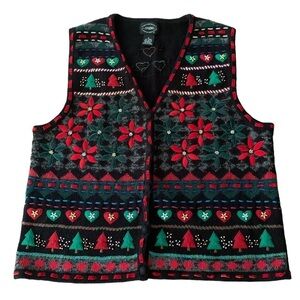 Design Studio Vintage Button Down Christmas Tree Poinsettias Beaded Vest Sz M